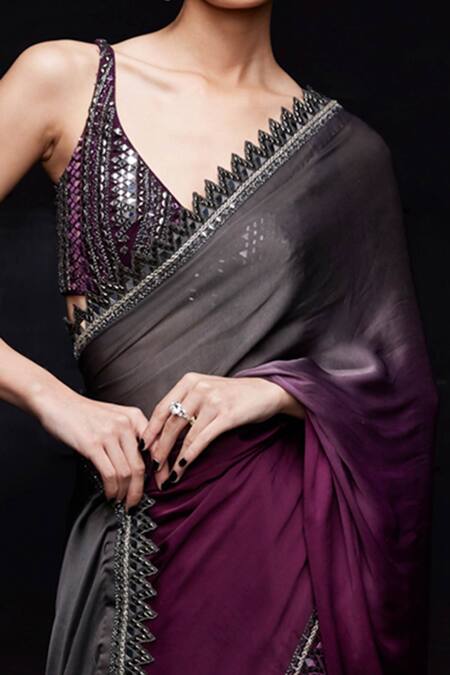 Sawan Gandhi Grey Satin Embellished Sequin Saree With Blouse Online at Aza Fashions Sawan Gandhi_Grey Satin Embellished Sequin Saree With Blouse_Online_at_Aza_Fashions