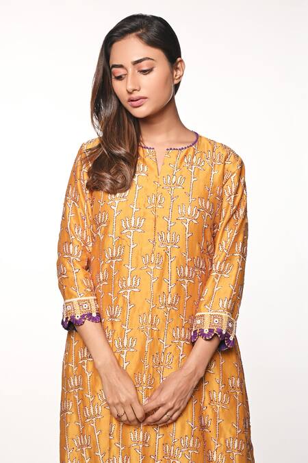 Soumodeep Dutta Yellow Chanderi Embroidery Kantha And Mirror Notched Kurta & Pant Set Online at Aza Fashions Soumodeep Dutta_Yellow Chanderi Embroidery Kantha And Mirror Notched Kurta & Pant Set_Online_at_Aza_Fashions
