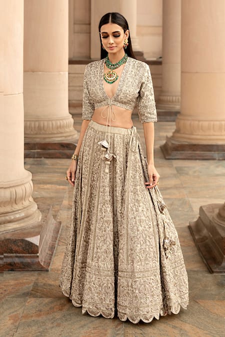 JAYANTI REDDY Beige Silk Embroidered Lehenga Set