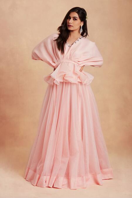 Buy_Sanjhana_Pink Organza Flared Lehenga_Online_at_Aza_Fashions