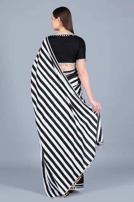 Sisal Black And White Stripes Printed Satin Silk Saree