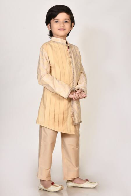 Petite Pomme_Beige Handloom Cotton Embroidery Silk Kurta And Pant Set _Online_at_Aza_Fashions