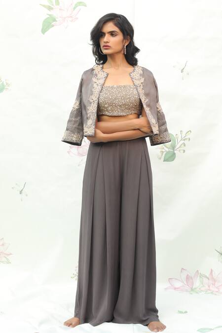 Shop_Taavare_Grey Organza, Georgette Bustier Boat, Jacket Open Embroidered And Palazzo Set_Online_at_Aza_Fashions