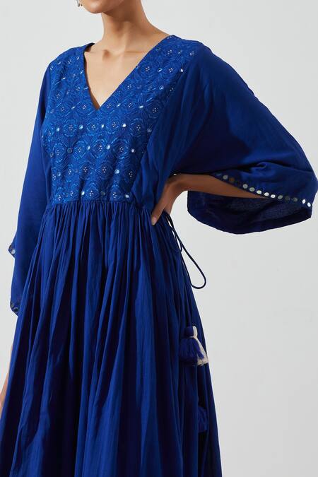 Shop Label Earthen Blue Cotton Mul Mirror Work, Resham V Neck Embroidered Yoke Dress Online at Aza Fashions Shop_Label Earthen_Blue Cotton Mul Mirror Work, Resham V Neck Embroidered Yoke Dress _Online_at_Aza_Fashions