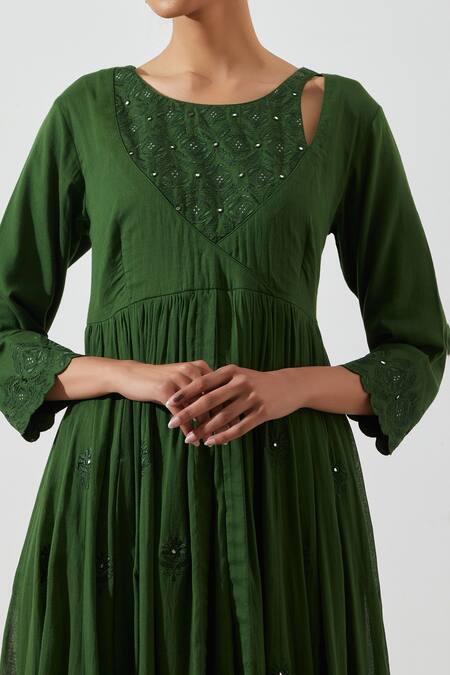 Shop Label Earthen Green Cotton Mul Mirror Work, Resham Round Gathered Kurta And Pant Set Online at Aza Fashions Shop_Label Earthen_Green Cotton Mul Mirror Work, Resham Round Gathered Kurta And Pant Set _Online_at_Aza_Fashions