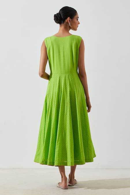 Label Earthen Neon Green Embroidered Kali Kurta For Kids