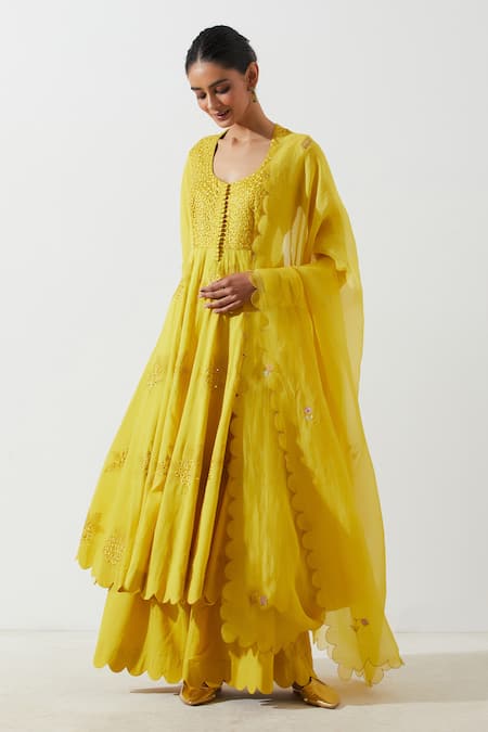 Label Earthen_Yellow Cotton Mul Floral V Neck Amaltaas Anarkali And Sharara Set _Online_at_Aza_Fashions