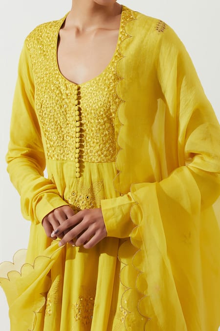 Shop_Label Earthen_Yellow Cotton Mul Floral V Neck Amaltaas Anarkali And Sharara Set _Online_at_Aza_Fashions