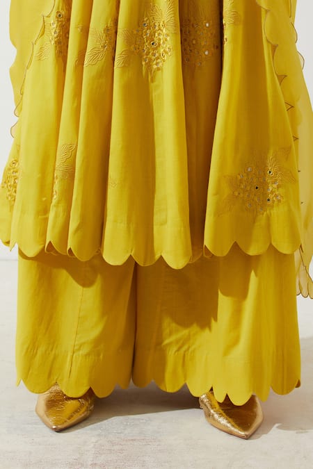 Label Earthen_Yellow Cotton Mul Floral V Neck Amaltaas Anarkali And Sharara Set _at_Aza_Fashions