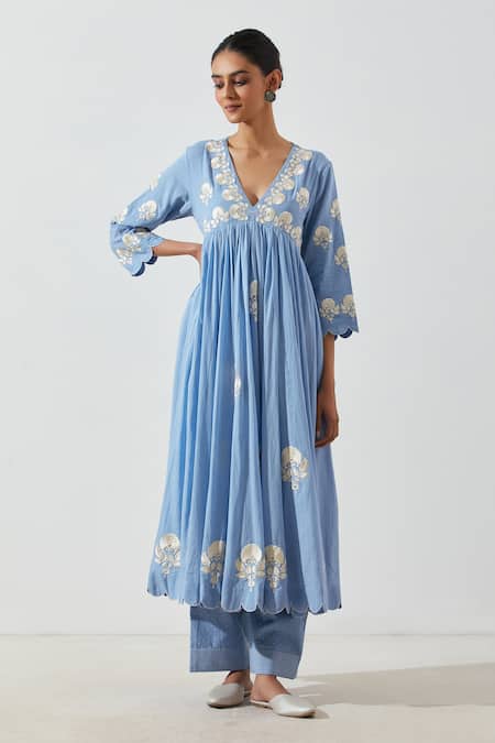 Label Earthen_Blue Cotton Mul Floral V Neck Mogra Embroidered Anarkali And Pant Set _Online_at_Aza_Fashions
