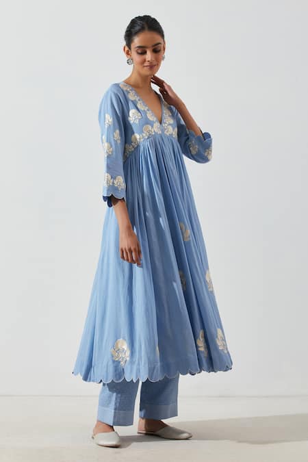 Buy_Label Earthen_Blue Cotton Mul Floral V Neck Mogra Embroidered Anarkali And Pant Set _Online_at_Aza_Fashions
