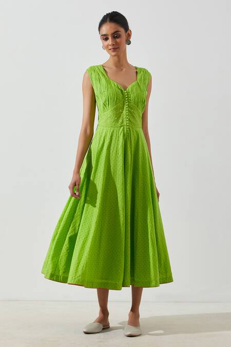 Label Earthen_Green Cotton Mul Embroidered Resham Neon Kali Kurta For Kids_Online_at_Aza_Fashions