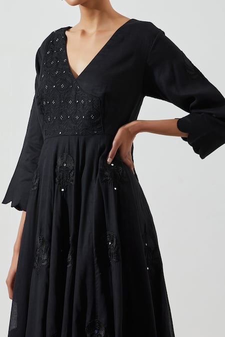 Shop_Label Earthen_Black Cotton Embroidery Floral Anarkali Set For Kids_Online_at_Aza_Fashions