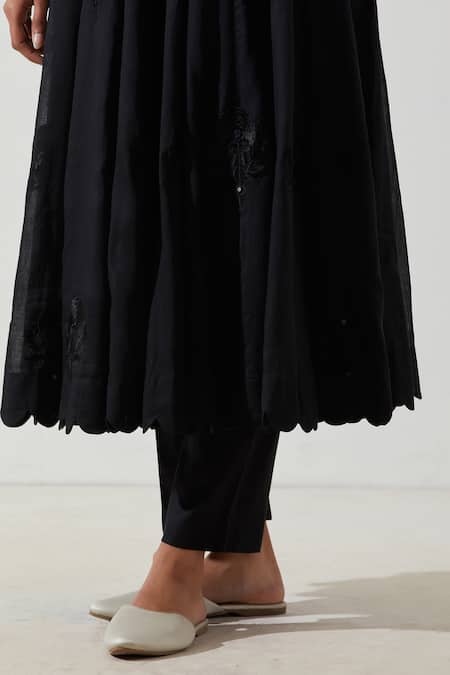 Label Earthen_Black Cotton Embroidery Floral Anarkali Set For Kids_at_Aza_Fashions