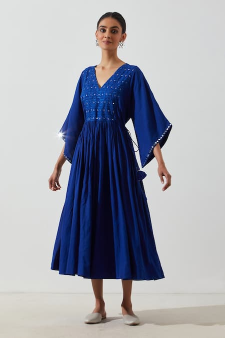 Label Earthen Blue Cotton Mul Mirror Work, Resham V Neck Embroidered Yoke Dress Online at Aza Fashions Label Earthen_Blue Cotton Mul Mirror Work, Resham V Neck Embroidered Yoke Dress _Online_at_Aza_Fashions