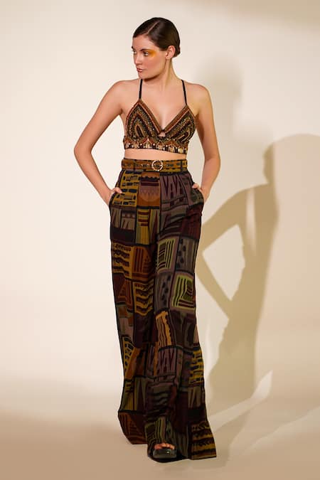 Buy_Nikita Mhaisalkar_Brown Tulle Sequins Baroque Embellished Bralette _Online_at_Aza_Fashions