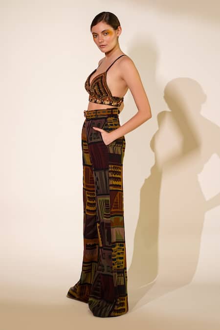 Nikita Mhaisalkar_Brown Tulle Sequins Baroque Embellished Bralette _at_Aza_Fashions