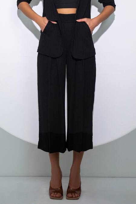 Pocketful Of Cherrie_Black Crepe Square Neck, Shawl Gathered Sleeve Jacket And Cropped Culottes Set_Online_at_Aza_Fashions