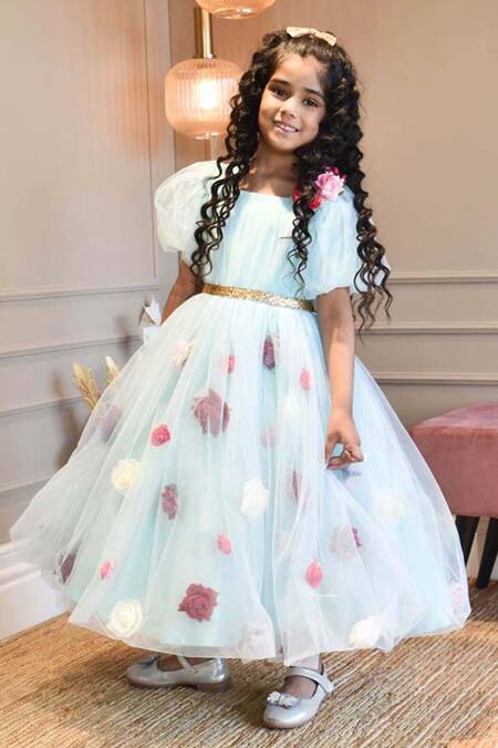 Shop Fayon Kids Blue Net, Cotton Embroidery 3d Floral Embellished Gown Online at Aza Fashions Shop_Fayon Kids_Blue Net, Cotton Embroidery 3d Floral Embellished Gown _Online_at_Aza_Fashions