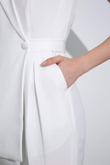 Pocketful Of Cherrie_White Crepe One Shoulder Notched Lapel Jumpsuit_Online_at_Aza_Fashions