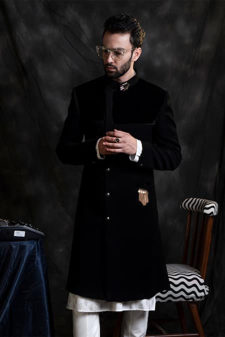 Buy_Soniya G_Black Italian Crepe Sherwani And Printed Kurta Set _Online_at_Aza_Fashions