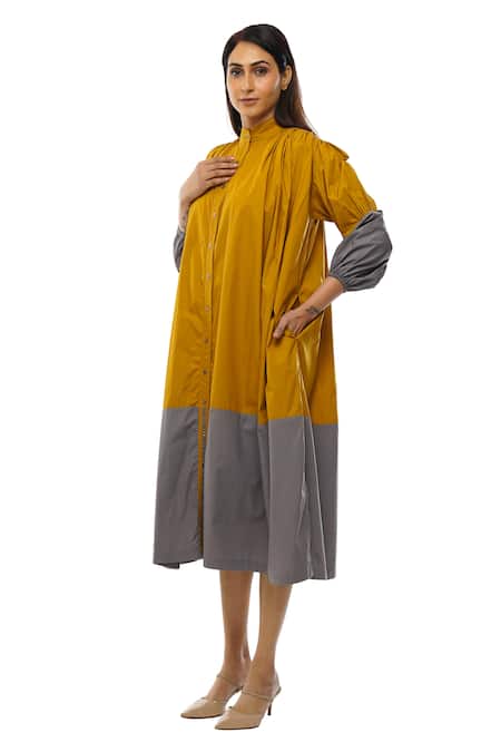 Khat_Yellow Poplin, Cotton Mandarin Collar Color Block Dress And Pant Co-ord Set _at_Aza_Fashions