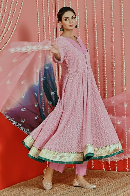 Myaara Pink Georgette, Cotton, Organza Sequins, Embroidery Split V-neck Anarkali Set at Aza Fashions Myaara_Pink Georgette, Cotton, Organza Sequins, Embroidery Split V-neck Anarkali Set _at_Aza_Fashions