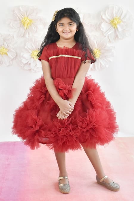 Shop_Fayon Kids_Maroon Net 3d Flower Detail Dress _Online_at_Aza_Fashions