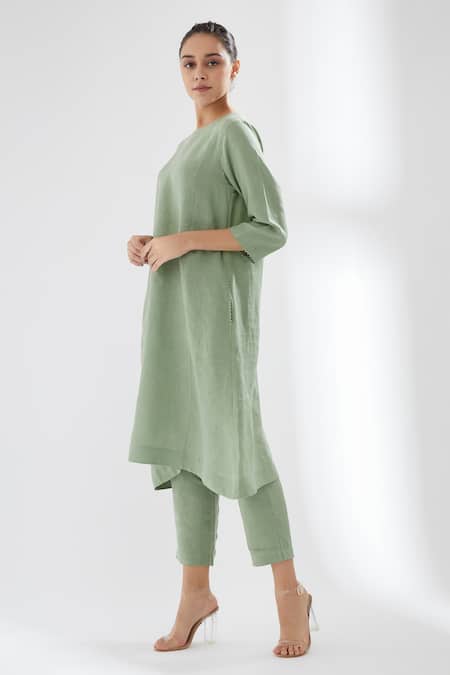 Buy_Brih_Green Linen Kurta And Pant Set_Online_at_Aza_Fashions