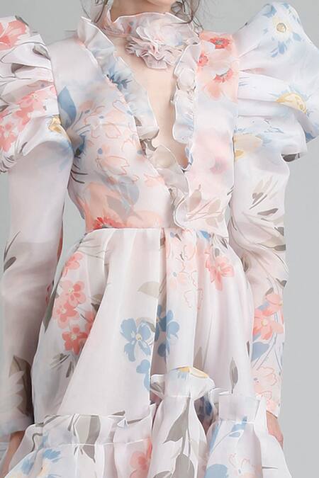 Shop_Gauri & Nainika_White Organza Round Asymmetric Trail Dress _Online_at_Aza_Fashions