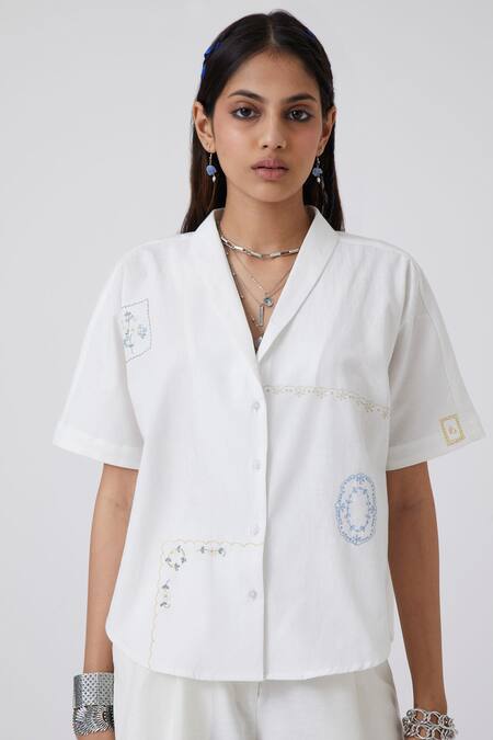 The Summer House White Handloom Cotton Embroidery Cowl Neck Kati Cuban Collar Shirt at Aza Fashions The Summer House_White Handloom Cotton Embroidery Cowl Neck Kati Cuban Collar Shirt _at_Aza_Fashions
