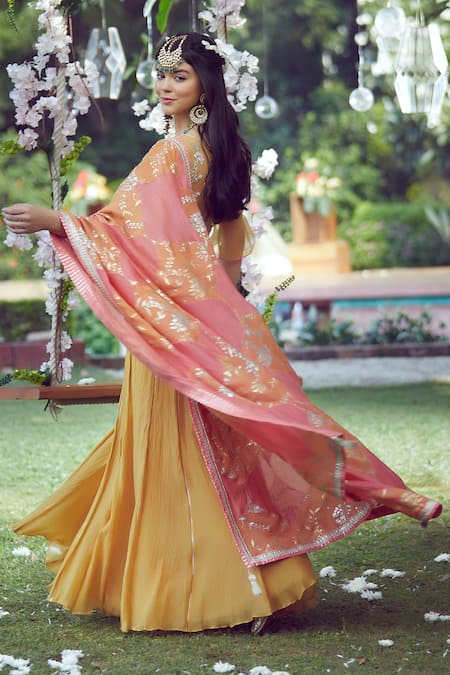 Buy_Mandira Wirk - Indian_Yellow Chanderi, Lycra Leaf Neck Anarkali Set _Online_at_Aza_Fashions