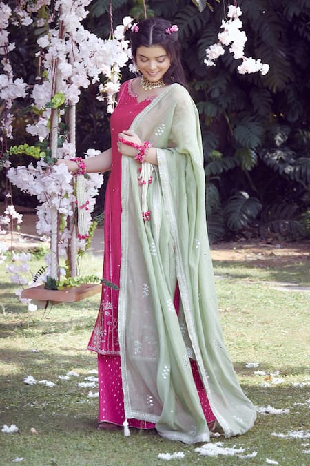 Mandira Wirk - Indian Pink Silk Chanderi Round Kurta Sharara Set Online at Aza Fashions Mandira Wirk - Indian_Pink Silk Chanderi Round Kurta Sharara Set_Online_at_Aza_Fashions