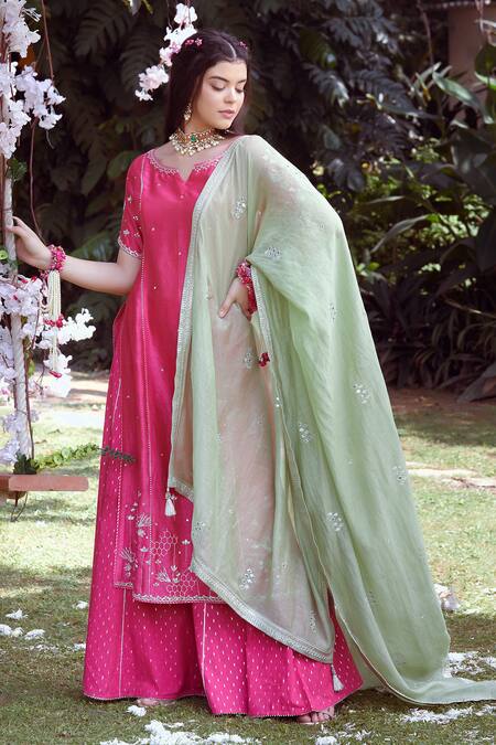 Buy Mandira Wirk - Indian Pink Silk Chanderi Round Kurta Sharara Set Online at Aza Fashions Buy_Mandira Wirk - Indian_Pink Silk Chanderi Round Kurta Sharara Set_Online_at_Aza_Fashions