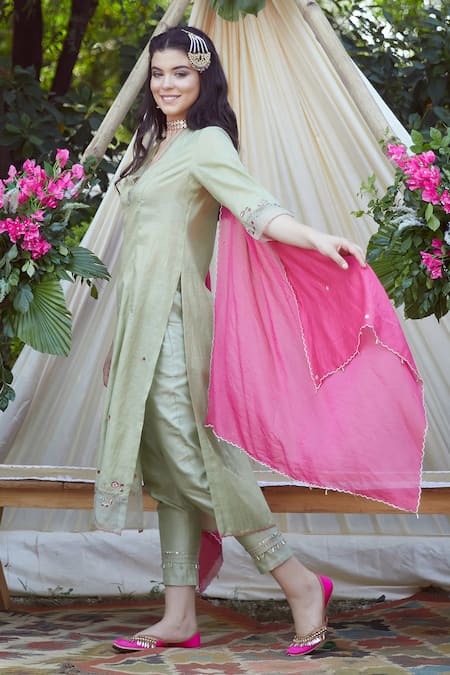 Buy Mandira Wirk - Indian Green Tissue V Neck Embroidered Kurta Set Online at Aza Fashions Buy_Mandira Wirk - Indian_Green Tissue V Neck Embroidered Kurta Set _Online_at_Aza_Fashions