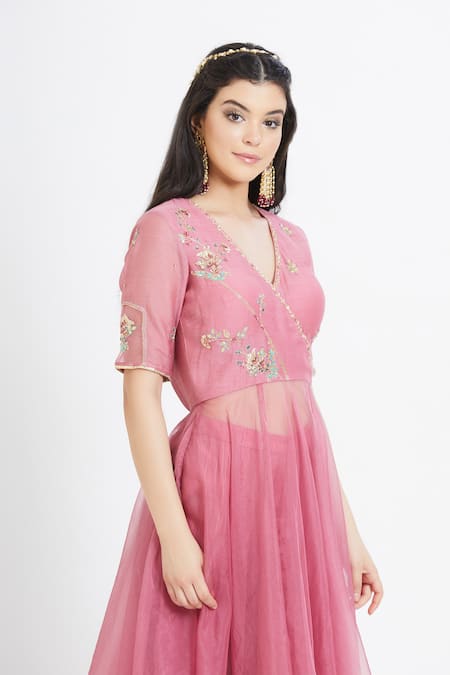 Mandira Wirk - Indian_Pink Organza, Chanderi V Neck Asymmetric Kurta Set _at_Aza_Fashions