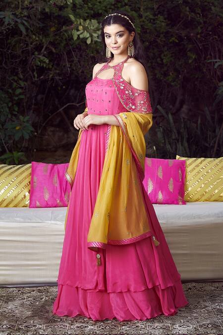 Buy_Mandira Wirk - Indian_Pink Chanderi, Lycra Halter Cold Shoulder Layered Anarkali Set _Online_at_Aza_Fashions