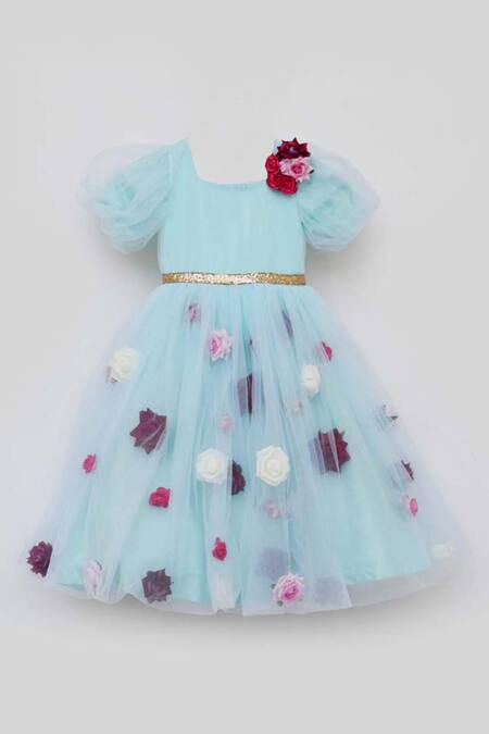 Fayon Kids Blue Net, Cotton Embroidery 3d Floral Embellished Gown Online at Aza Fashions Fayon Kids_Blue Net, Cotton Embroidery 3d Floral Embellished Gown _Online_at_Aza_Fashions