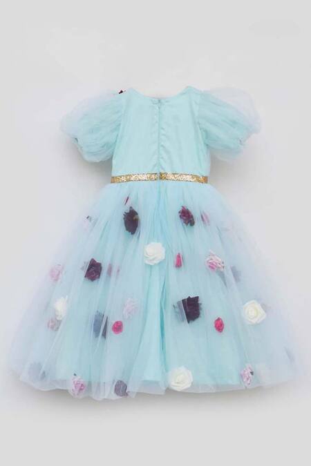 Buy Fayon Kids Blue Net, Cotton Embroidery 3d Floral Embellished Gown Online at Aza Fashions Buy_Fayon Kids_Blue Net, Cotton Embroidery 3d Floral Embellished Gown _Online_at_Aza_Fashions