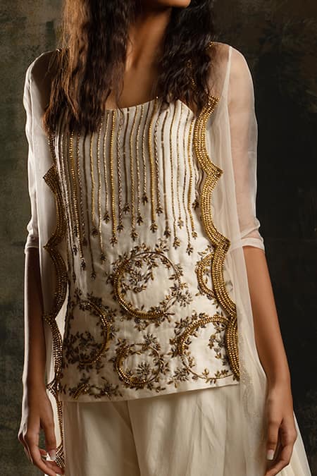 Mona And Vishu_Ivory Silk, Organza Zari, Beads Asymmetric Hem Embellished Jacket Kurta Set _Online_at_Aza_Fashions
