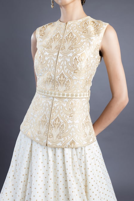 Buy_Abhishek Gupta_Gold Jacket Brocade Lehenga Chanderi Lining Shantoon Embroidery And Set _Online_at_Aza_Fashions