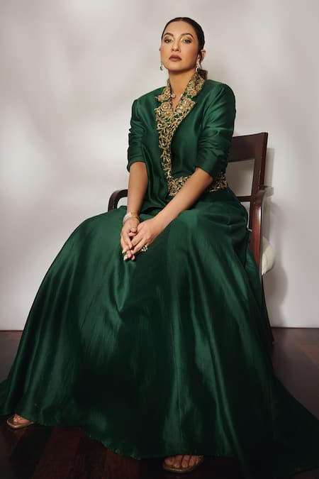 Buy_Esha Arora_Green Silk Chanderi Cutdana, Floral, Sequin Embroidered Blazer And Lehenga Set _Online_at_Aza_Fashions