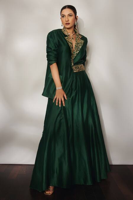 Shop_Esha Arora_Green Silk Chanderi Cutdana, Floral, Sequin Embroidered Blazer And Lehenga Set _Online_at_Aza_Fashions