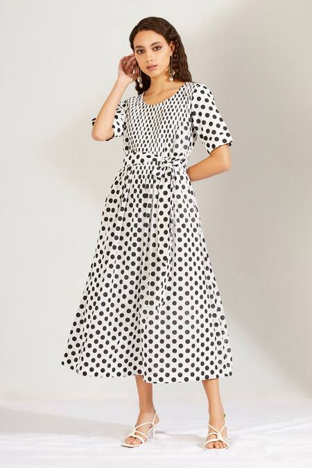 Label Earthen White Cotton Mal U Neck Polka Dot Print Dress Online at Aza Fashions Label Earthen_White Cotton Mal U Neck Polka Dot Print Dress _Online_at_Aza_Fashions