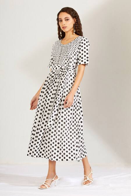 Shop Label Earthen White Cotton Mal U Neck Polka Dot Print Dress Online at Aza Fashions Shop_Label Earthen_White Cotton Mal U Neck Polka Dot Print Dress _Online_at_Aza_Fashions