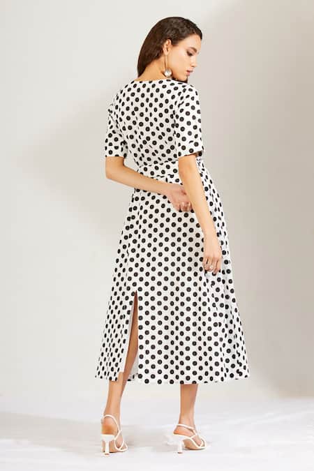 Shop Label Earthen White Cotton Mal U Neck Polka Dot Print Dress at Aza Fashions Shop_Label Earthen_White Cotton Mal U Neck Polka Dot Print Dress _at_Aza_Fashions