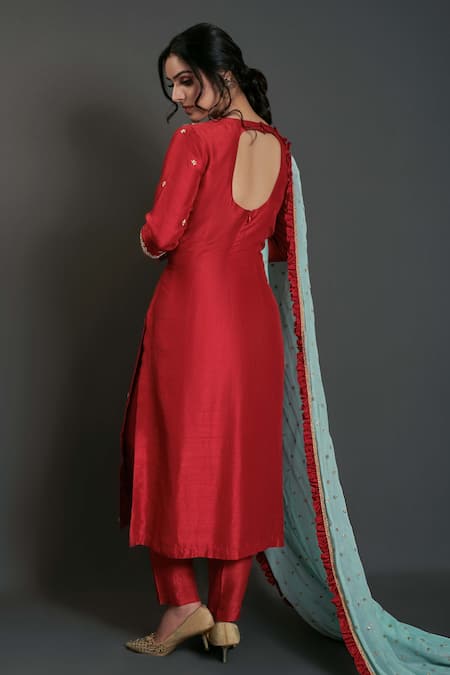 Shop_Suruchi Parakh_Red Tussar Silk, Georgette Crepe Floral Crew Neck Embroidered Kurta Pant Set _at_Aza_Fashions