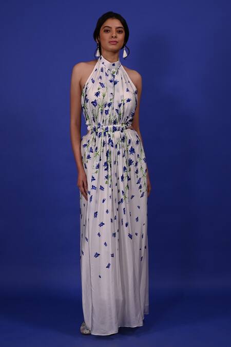 Buy Rimi Nayak White Modal, Satin, Cotton, Silk Sequins Halter Neck Clitoria Flower Print Gown Online at Aza Fashions Buy_Rimi Nayak_White Modal, Satin, Cotton, Silk Sequins Halter Neck Clitoria Flower Print Gown _Online_at_Aza_Fashions
