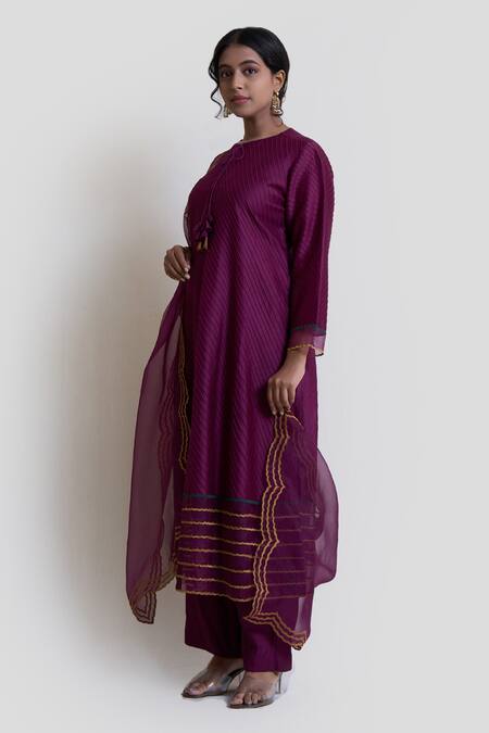 Buy Brij Wine Chanderi Silk, Organza, Spandex Tassels, Cut Work, Pintucked Kurta Set Online at Aza Fashions Buy_Brij_Wine Chanderi Silk, Organza, Spandex Tassels, Cut Work, Pintucked Kurta Set_Online_at_Aza_Fashions