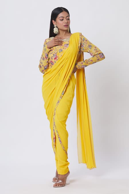 Chhavvi Aggarwal Yellow Crepe And Georgette Floral, Dabka & Sequin Round Pre-draped Pant Saree Set Online at Aza Fashions Chhavvi Aggarwal_Yellow Crepe And Georgette Floral, Dabka & Sequin Round Pre-draped Pant Saree Set_Online_at_Aza_Fashions